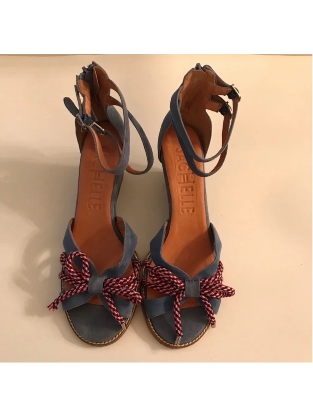 Sachelle Blue Suede Wedge Sandals Rope Bow Ankle Strap Zip Back Women’s Size 9.5